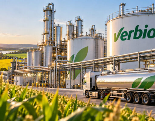 Verbio-Aktie +9%: Sind jetzt noch +50% mehr drin? Biorefinery complex with tall silver towers and large tanks marked Verbio, beside a farm field at sunset with a loading truck nearby