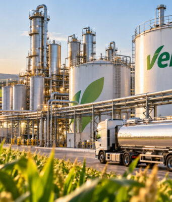 Verbio-Aktie: Sind Kurse von 40 € wieder realistisch? Biofuel plant with large white storage tanks labeled 'verbio' and a reflective tanker truck in foreground at sunset, with fields nearby.
