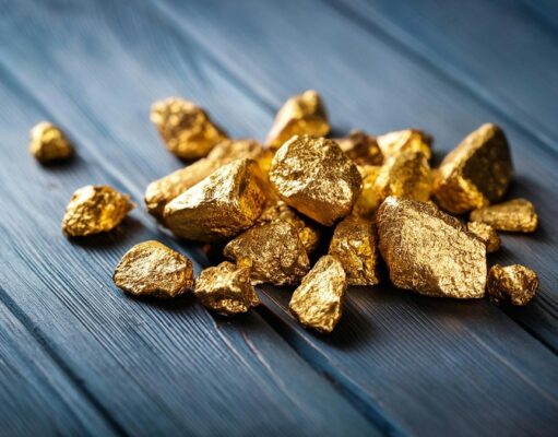 Goldminen-Aktien: 17,4 % Gewinn trotz Gold-Crash – jetzt einsteigen? A pile of gold nuggets sitting on top of a wooden table